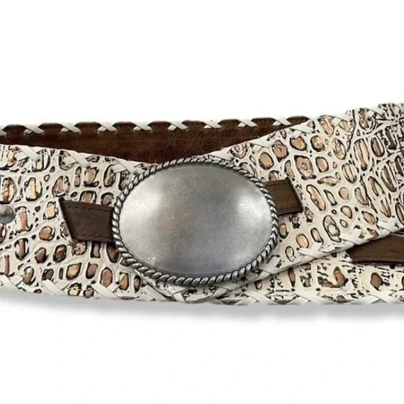 White and Brown Croc Embossed Belt, 3 inches wide - Picture 5 of 5